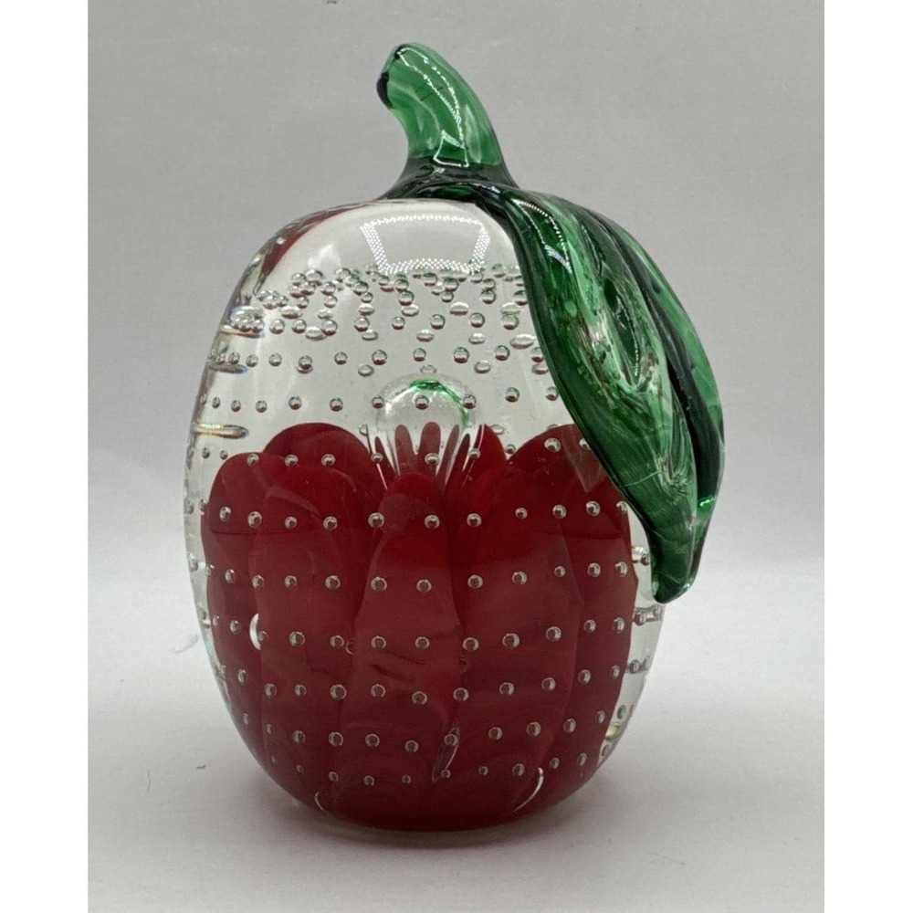 Vintage Joe Rice Hand Blown Art Glass Tall Apple Paperweight‎ Controlled Bubbles